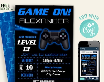 Game invitation, blue video game, birthday party, editable invite, Instant download, Edit with Corjl, A631