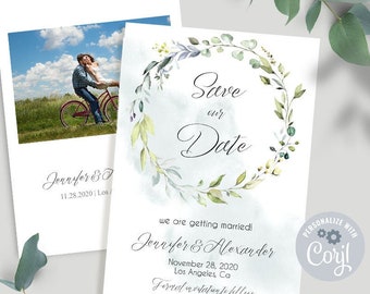 Save the date, Watercolor greenery boho wedding, printable editable template, Edit with Corjl, A013