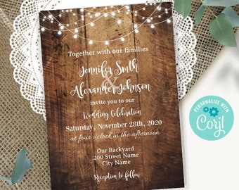 Rustic Wedding invitation with wood background and string lights, Instant download template, Edit with Corjl, A296