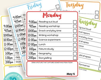 Home school schedule, daily activities to do list, printable editable template, Edit with Corjl, A516