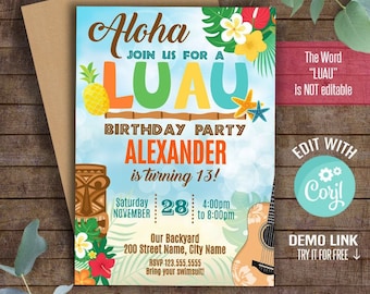 Luau party invitation, tropical birthday, printable editable template, Instant download, Edit with Corjl, A762