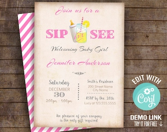 Sip and See invitation, printable pink sip & see, editable template, Instant download, Edit with Corjl, A654-Pink