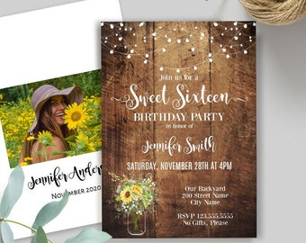 Sweet Sixteen Birthday invitation, mason jar, sunflowers, invite, printable editable template, Edit with Corjl, A321