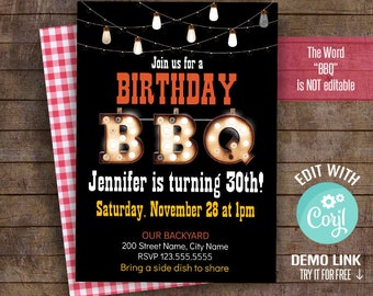 BBQ birthday party invitation, editable template, printable, Instant download, Edit with Corjl, A615