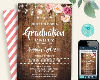Floral Graduation Invitation, printable rustic wood, lights and flowers, instant download, self-editable template, Edit with Corjl, A604