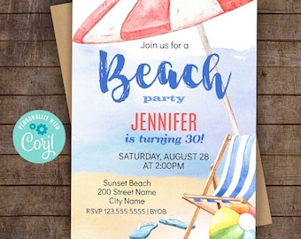 Beach party invitation, printable self-editable template, Instant Download, Edit with Corjl, A860