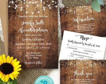 Wedding invitation and enclosure cards, editable templates, wood background and lights, Edit with Corjl, A603