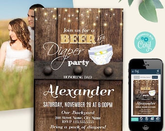 Rustic Beer and Diaper party invitation, printable baby shower invite, editable template, Instant download, Edit with Corjl, A685