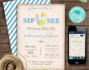 Sip and See invitation, printable self-editable template, Instant download, Edit with Corjl, A654-Blue