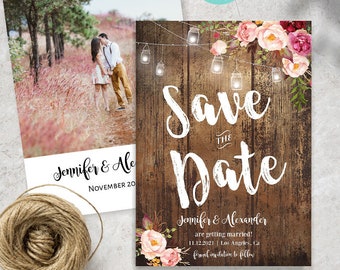 Floral Save the date, rustic wood, flowers and mason jar lights, printable editable template, Edit with Corjl, A304