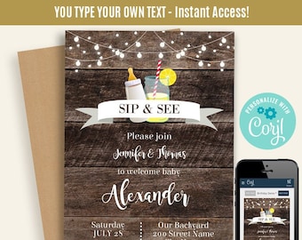Sip and See welcome baby invitation, printable editable template, Instant download, Edit with Corjl, A616