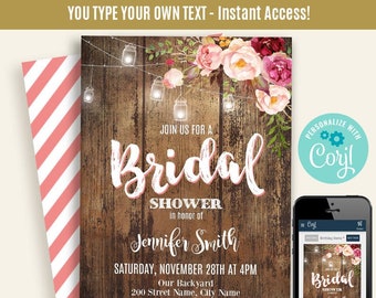 Floral Rustic Bridal shower invitation, printable, Self-Editable template, edit with Corjl, A295