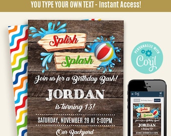 Splish, Splash birthday party invitation, instant download printable self-editable template, Edit with Corjl, A275