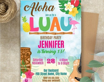 Invitation à la fête d'anniversaire Luau, modèle modifiable, imprimable, Téléchargement instantané, Modifier avec Corjl, A708