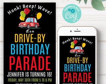 Drive-by birthday parade invitation, quarantine party, text invite, editable template, Edit with Corjl, A526