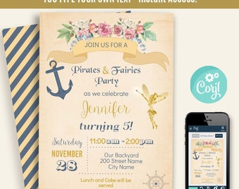 Pirates and Fairies birthday party invitation, editable template, printable, Instant download, Edit with Corjl, A184