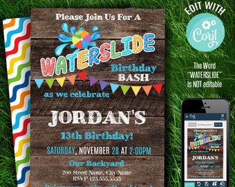 Waterslide birthday party invitation, editable template, printable, Instant download, Edit with Corjl, A280