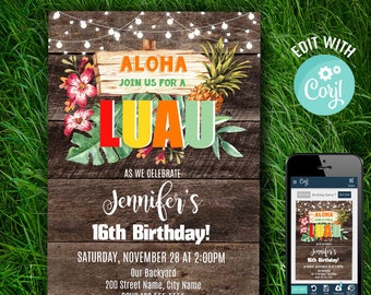 Luau birthday party invitation, Editable invite, printable template, Instant download, Edit with Corjl, A288
