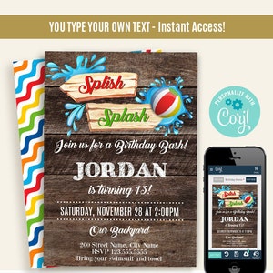 Splish, Splash birthday party invitation, instant download printable self-editable template, Edit with Corjl, A275