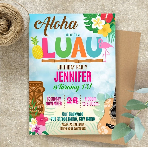 Luau birthday party invitation, editable template, printable, Instant download, Edit with Corjl, A708