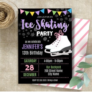 Ice skating birthday party invitation, editable template, printable, social media, Instant download, Edit with Corjl, A696