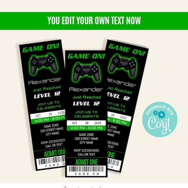 Video Game party ticket invitation, game on birthday party, Editable invite, Instant download, Edit with Corjl, A246