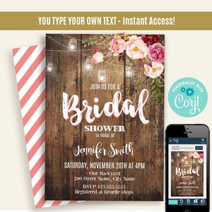 Floral Rustic Bridal shower invitation, printable, Self-Editable template, edit with Corjl, A295