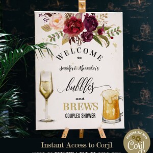 Bubbles and Brews Welcome Sign, marsala flowers couples shower, printable self-editable template, Edit with Corjl A330