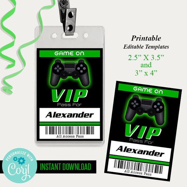 VIP Video Game pass, game on birthday party VIP pass, Editable template, printable, Instant download, Edit with Corjl, A798