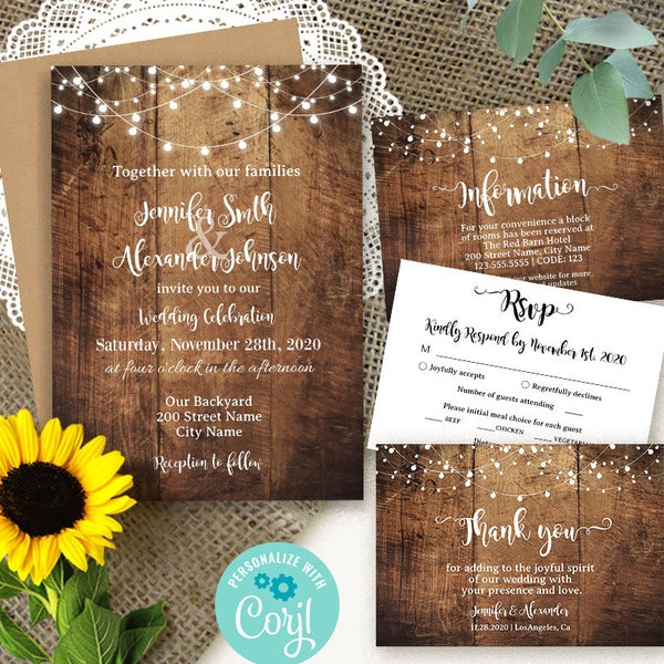 Wedding invitation and enclosure cards, editable templates, wood background and lights, Edit with Corjl, A603