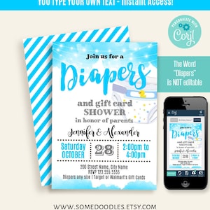 Diapers party invitation, printable, editable template, Instant download, Edit with Corjl, A718