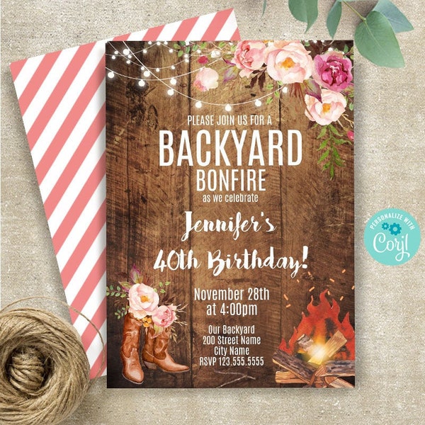 Backyard bonfire party invitation, rustic wood background, Printable Editable Template, Instant Download, Edit with Corjl, A850