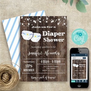 Diaper shower invitation, baby boy shower, printable editable template, Instant download, Edit with Corjl, A853