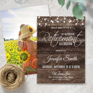 Rustic Retirement invitation, Editable invite, printable template, Edit with Corjl, A270