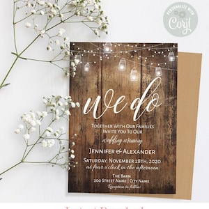 Rustic we do wedding invitation, rustic wood and mason jar lights, instant download, self-editable template, A210