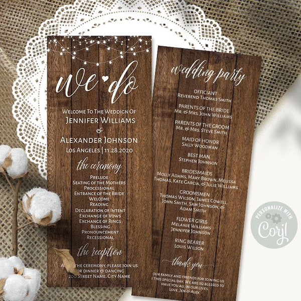 Rustic wedding program, printable editable template, instant download, edit with Corjl, A317