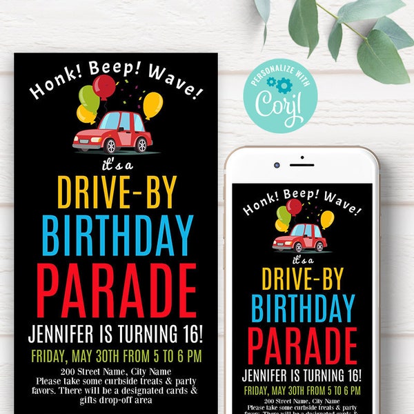 Drive-by birthday parade invitation, quarantine party, text invite, editable template, Edit with Corjl, A526