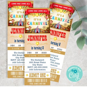 Carnival birthday ticket invitation, Circus party ticket, Editable invite, Instant download, Edit with Corjl, A248