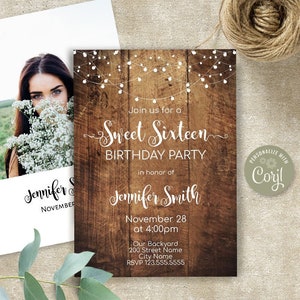 Sweet 16 invitation, Sweet sixteen rustic birthday party, Instant Download, Edit with Corjl, A323