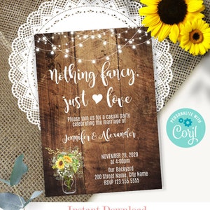 Elopement wedding invitation, Rustic wood, sunflowers and lights, wedding reception, Instant Download, Edit with Corjl, A315