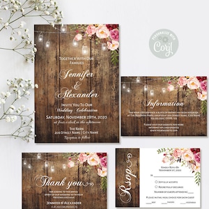 Rustic Wedding Invitation and Enclosure Cards, printable self-editable templates, Edit with Corjl, Suite A228