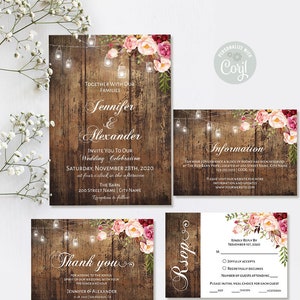 Cartes d'invitation et de clôture de mariage rustiques, modèles auto-éditables imprimables, Modifier avec Corjl, Suite A228
