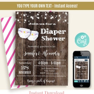 Diaper shower invitation, baby shower, printable editable template, Instant download, Edit with Corjl, A822