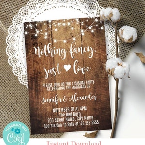 Elopement wedding invitation, Rustic wood and lights, wedding reception, Instant Download, Edit with Corjl, A3077