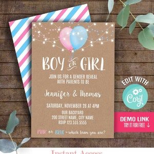 Gender Reveal invitation, Gender Reveal party, Balloons gender reveal, Instant Download, Edit with Corjl, A311