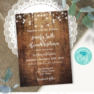 Rustic Wedding invitation with wood background and string lights, Instant download template, Edit with Corjl, A296
