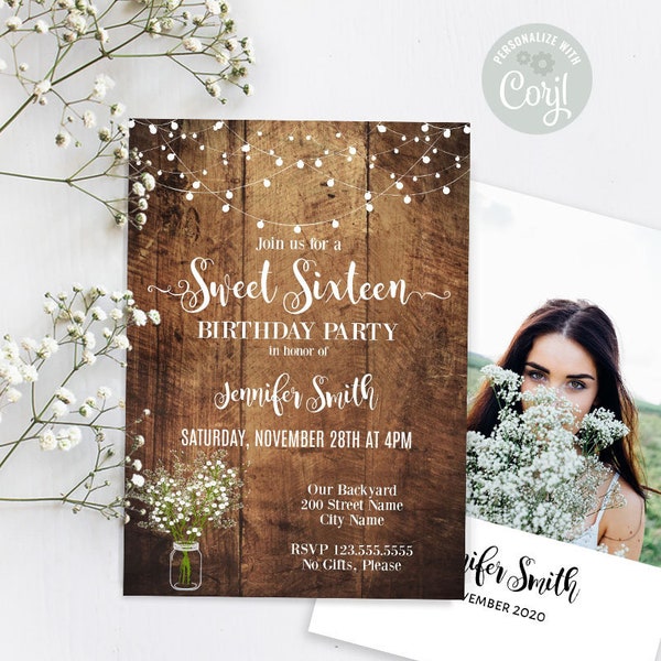 Sweet Sixteen invitation, Sweet 16 invite, rustic birthday invite with babys breath flowers, Instant Download, Self Editable, A319