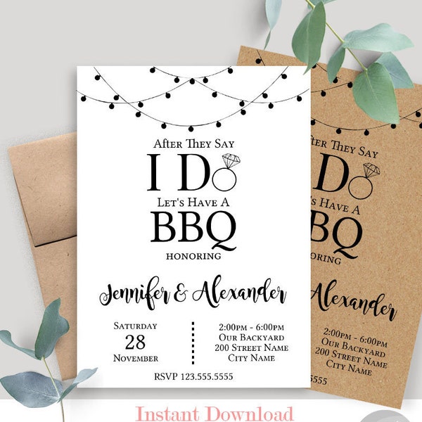 Bbq invitation, printable post wedding invite, editable template, Instant download, Edit with Corjl, A826