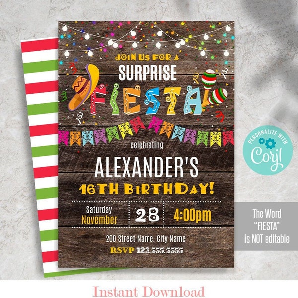 Fiesta Birthday Party Invitation, self-editable template, print and email, Instant download, Edit with Corjl, A751