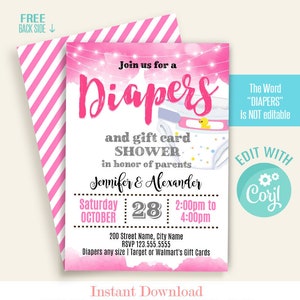 Diapers party invitation, printable, editable template, Instant download, Edit with Corjl, A717